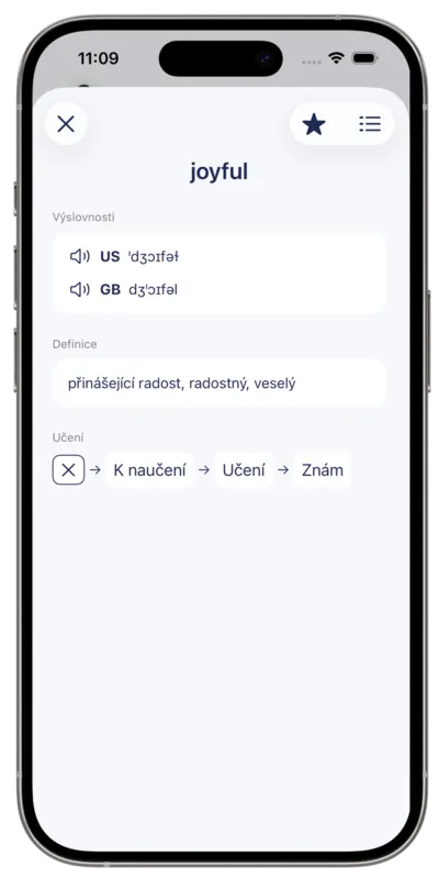 Detail slova v Czech English Dictionary PRO