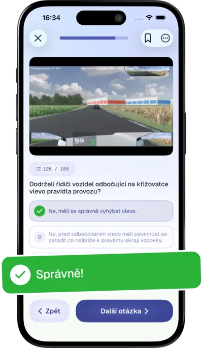 Správně zodpovězená otázka z autoškoly v Testys