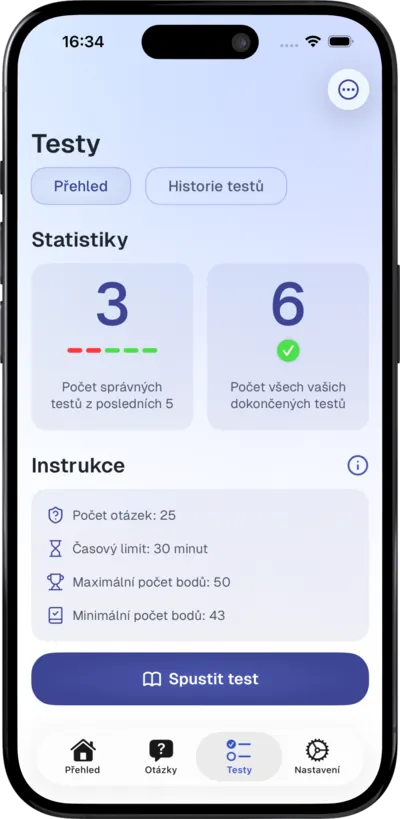 Přehled testu se statistikami v aplikaci Testys